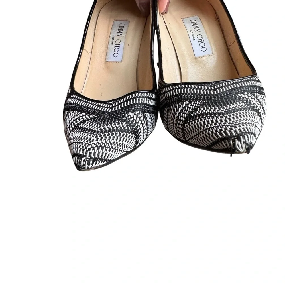 Jimmy Choo -Abel Black & White Woven Print Pointed Toe Stiletto Heels Sz 39.5